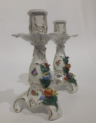 Pair antique porcelain candle holders