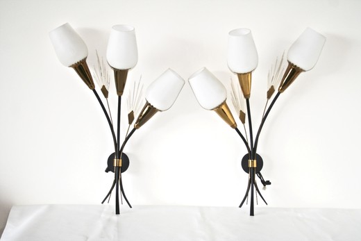 Vintage pair sconces in the Art Nouveau style. Made of metal. France, 1960's.