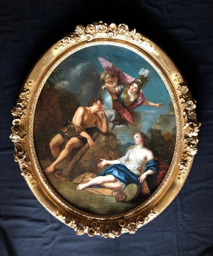 Antique painting "Hercules at the Crossroads between Virtue and the Vicious." Canvas, oil. The frame is made of wood with gilding. The work of the famous French artist - Charles de Lafosse. France, the XVIII century.