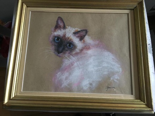 антикварная картина сиамского кота пастелью на бумаге купить в Москве