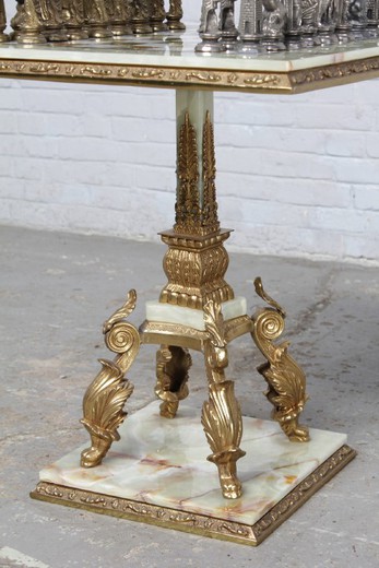 Antique chess table in the style of Louis XV. It is made of onyx and gilded bronze. Italy, 1950's.