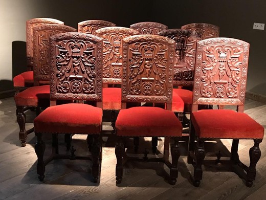 A set of antique chairs (10 pieces) in the Renaissance style. Made of walnut. France, XIX century.