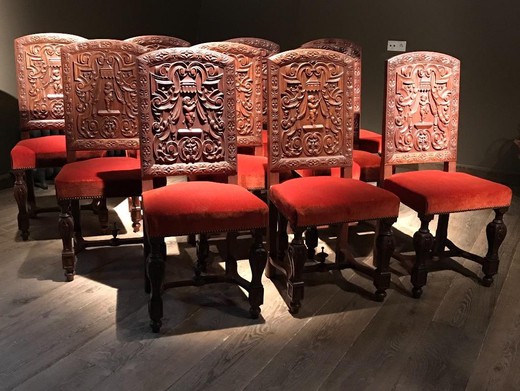 A set of antique chairs (10 pieces) in the Renaissance style. Made of walnut. France, XIX century.