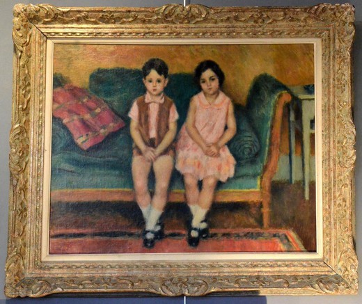 Antique painting "Children on the sofa"