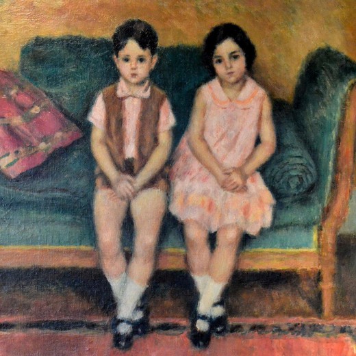 Antique painting "Children on the sofa"
