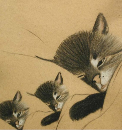 Антикварная картина «Спящие кошка с котятами»