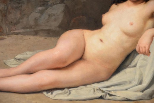Antique rare French painting of a naked girl on the beach