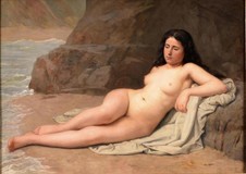 Antique rare French painting of a naked girl on the beach