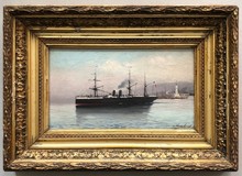 Antique painting the passenger ship leaving the port of Marseille