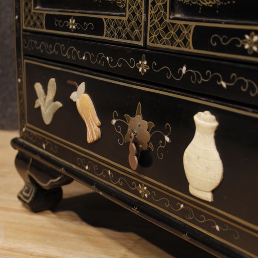 Antique twin cabinets in the oriental style of wood with soapstone, furniture with minerals