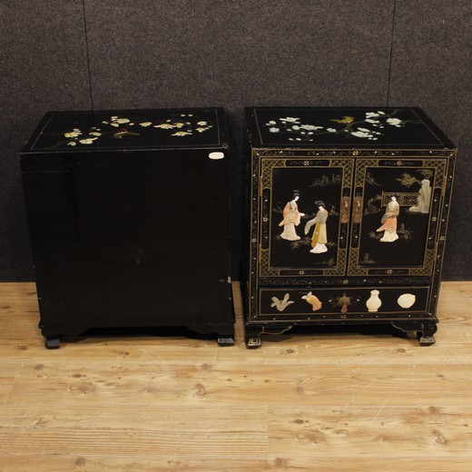 Antique twin cabinets in the oriental style of wood with soapstone, furniture with minerals