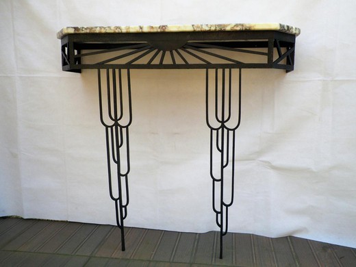 Antique furniture, antique console, wrought iron, marble top, art deco, antiques shop
Antique console in the style of Art Deco. It is made of metal. The table top is marble. France, the 20th century.