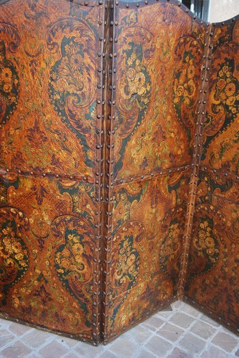 Antique Spanish Cordova leather room divider