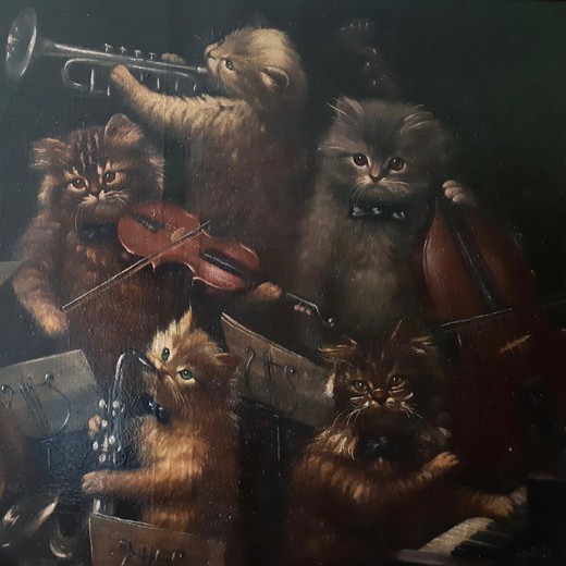 Antique painting "Feline ensemble"