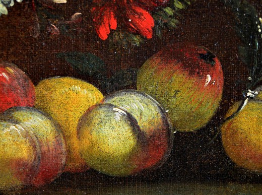 Антикварная картина «Натюрморт с цветами и персиками»