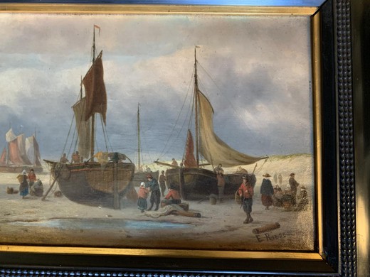 Antique painting Harbour scene