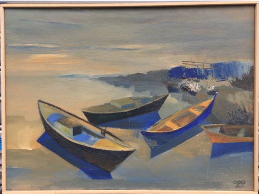 Antique painting of boats in harbour