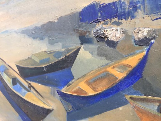 Антикварная картина "Лодки у берега"