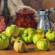 Antique painting with green apples still alive