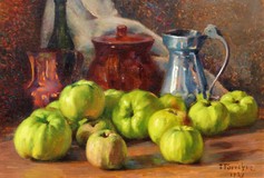 Antique painting with green apples still alive