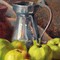 Antique painting with green apples still alive