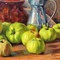 Antique painting with green apples still alive
