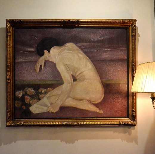 Антикварная картина "Обнажённая у дивана"