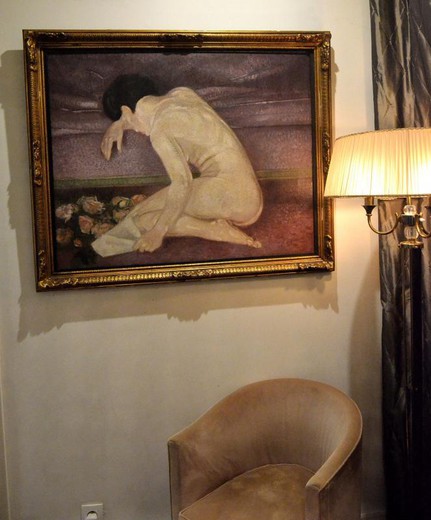 Антикварная картина "Обнажённая у дивана"