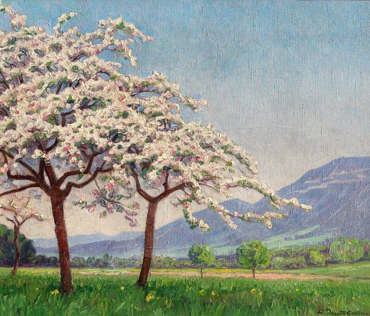Антикварная картина "Яблони в цвету"