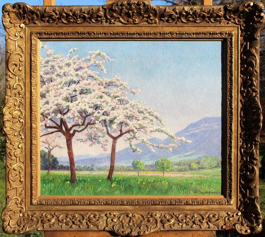 Antique painting "Apple tree in blossom"