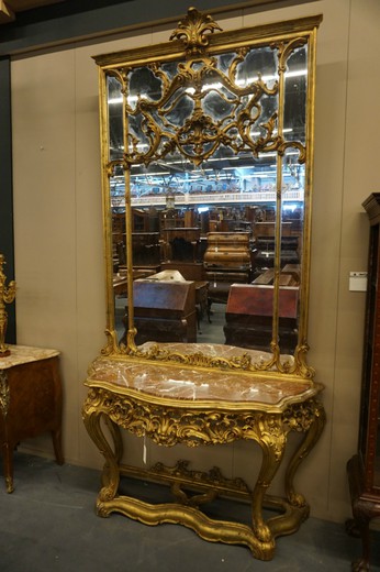 антикварная консоль с зеркалом из золоченого дерева рококо