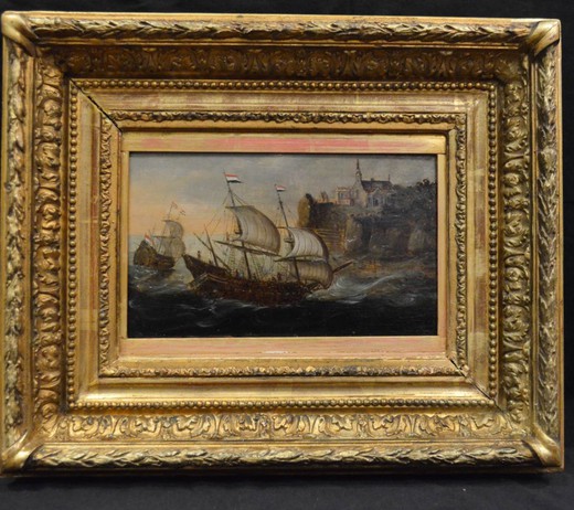 антикварная картина, старинная картина, живопись 18 век, живопись XVIII век, недерланды картина, морской пейзаж, марина, галеон