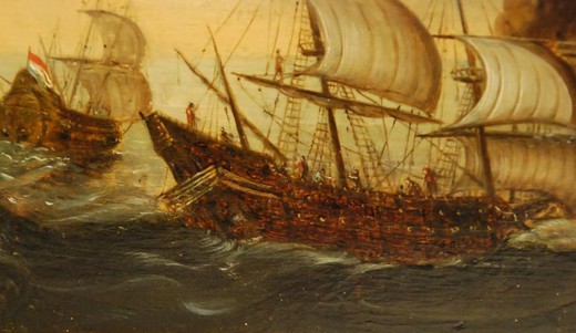 антикварная картина, старинная картина, живопись 18 век, живопись XVIII век, недерланды картина, морской пейзаж, марина, галеон