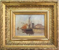 Antique painting of a marine port