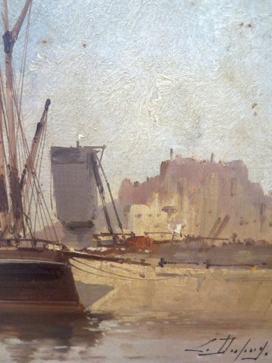 Antique painting of a marine port
