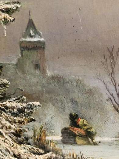 Антикварная  картина "Зимний пейзаж" Антона Адриана Сема