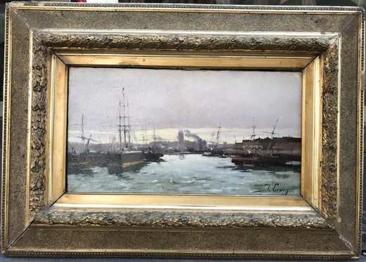 Антикварная картина "Морской пейзаж. Порт"