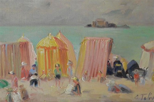 Antique painting "Marazion Beach"