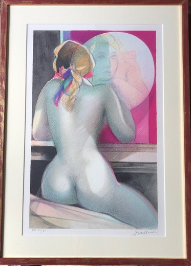 Antique lithographic of a naked girl in front of the mirror