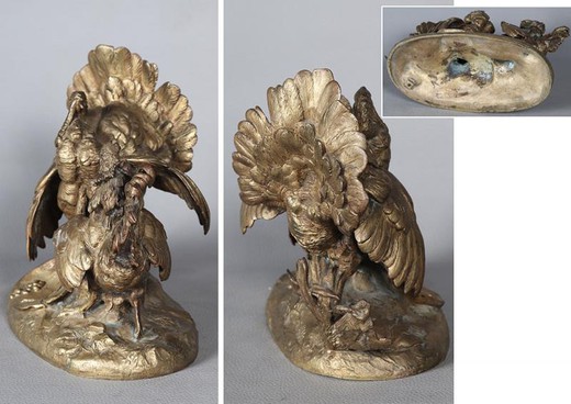 Antique sculptural composition "Rooster and Turkey"