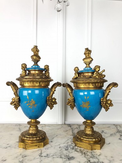 antique pair vases of porcelain and gilded bronze