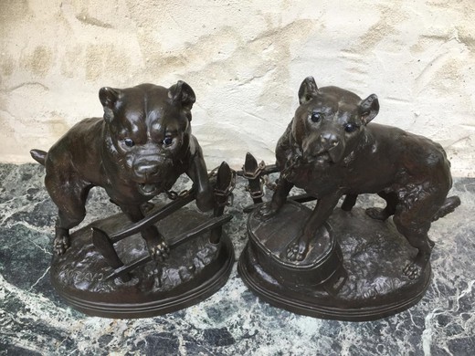 Pair antique sculptures of hunting dogs