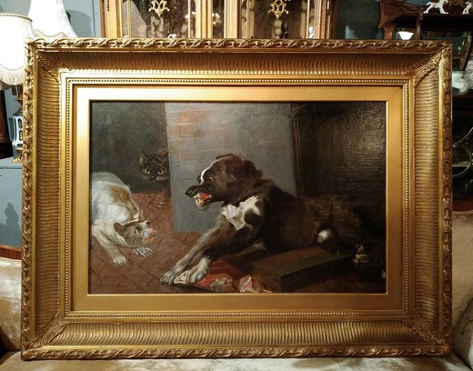 Антикварная картина «Собака с кошками» купить в Москве