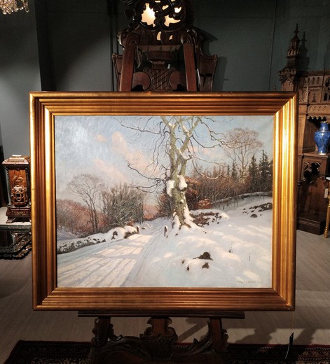 антикварная картина маслом зима, начало 20 века