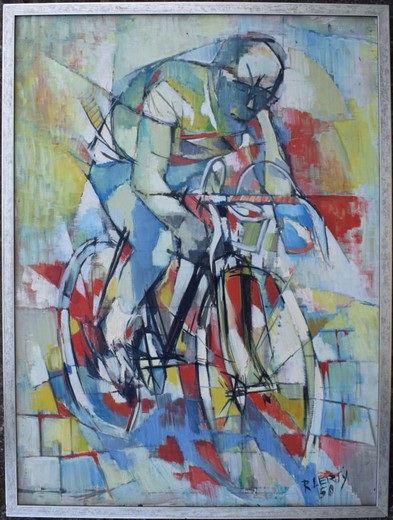 Антикварная картина "Велосипедист" Рожэ Лерси