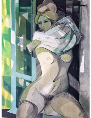 Vintage lithography "Naked by the window"