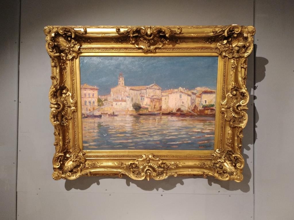 Antique painting "View of the city from the sea"