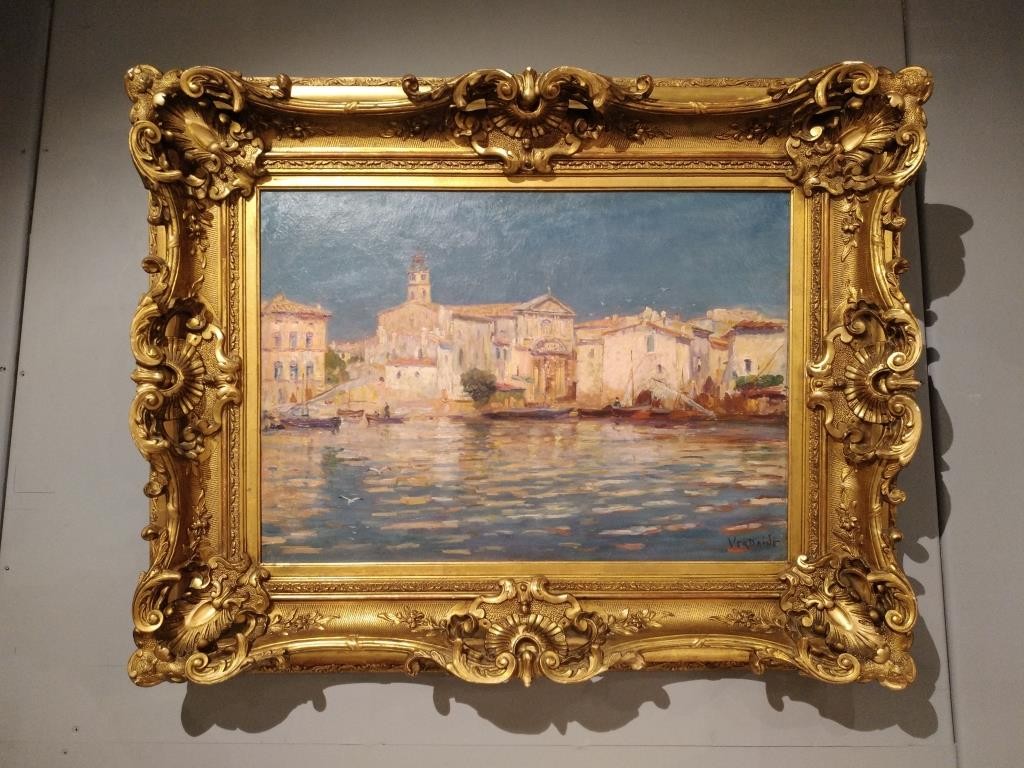 Antique painting "View of the city from the sea"
