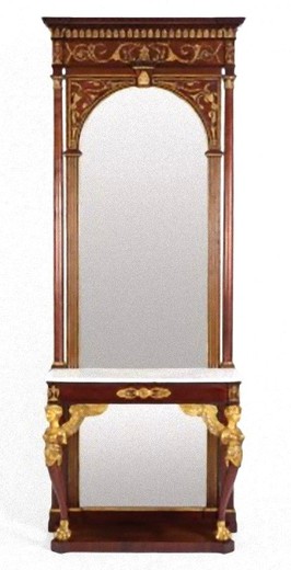 антикварная консоль с зеркалом в стиле ампир с золоченой бронзой