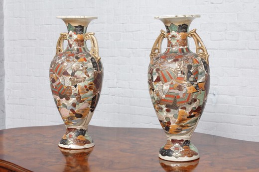 антикварные парные вазы сацума из керамики япония восточный стиль